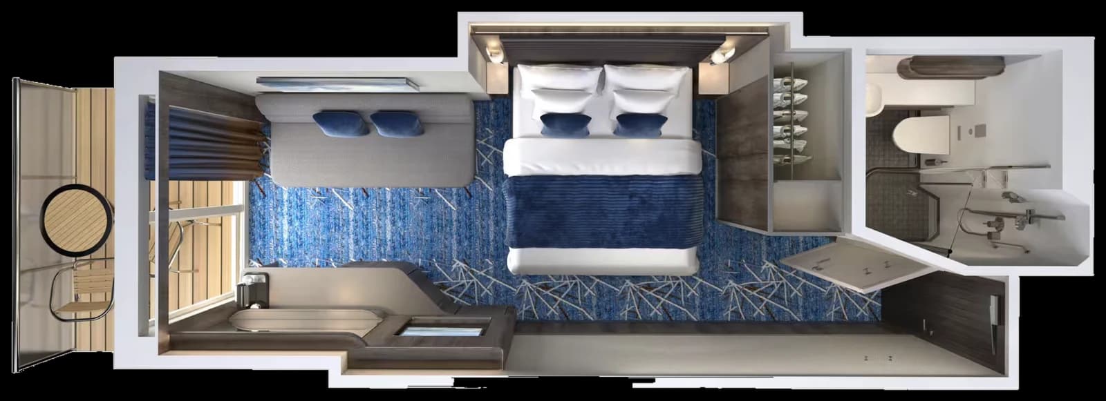 The layout of a balcony stateroom: bed, sofa, bathroom and a private balcony