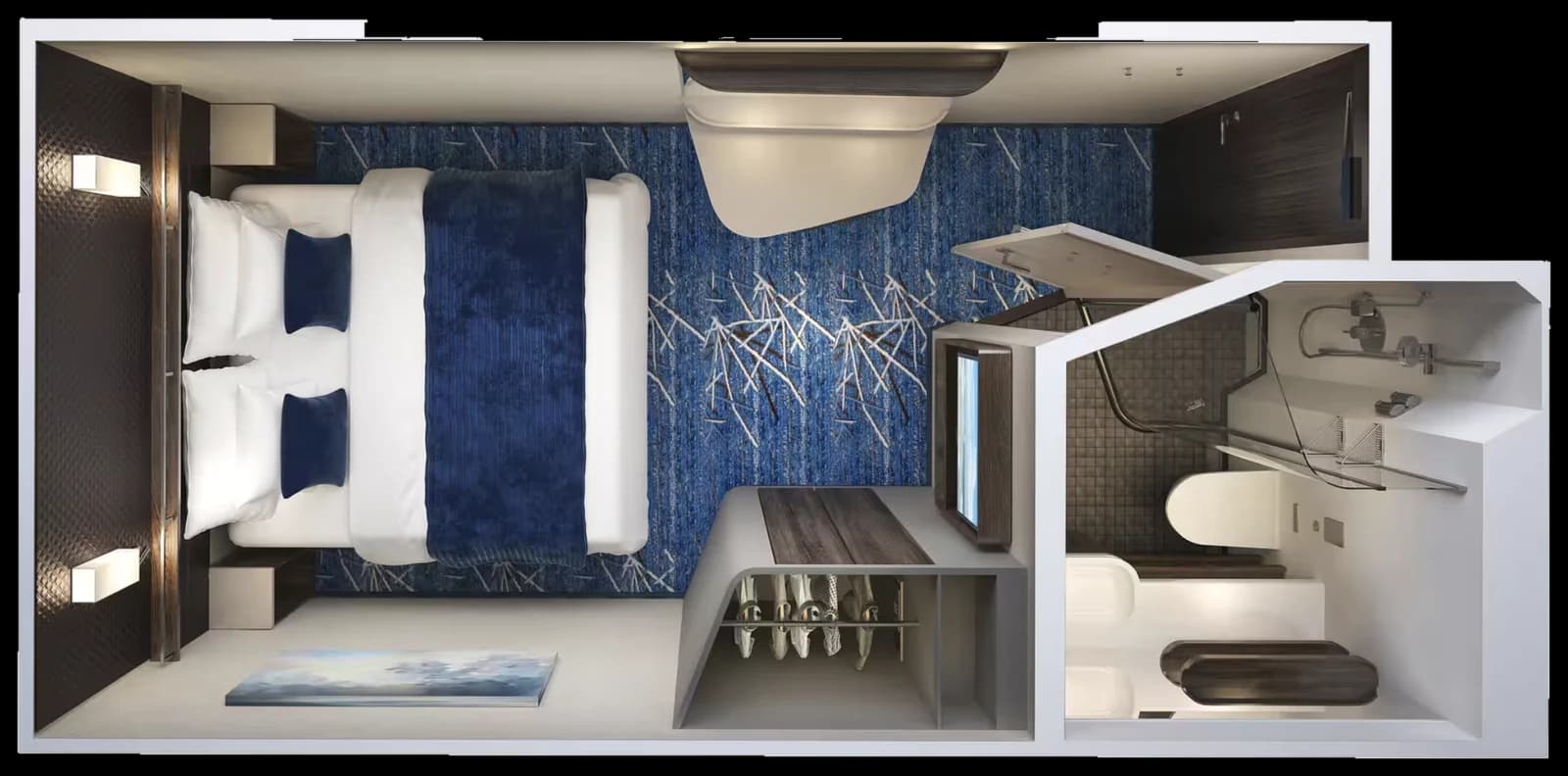 The layout of an interior stateroom: bed, wardrobe, desk and bathroom