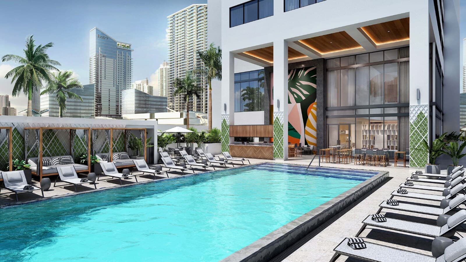 The rooftop pool in the evening.
